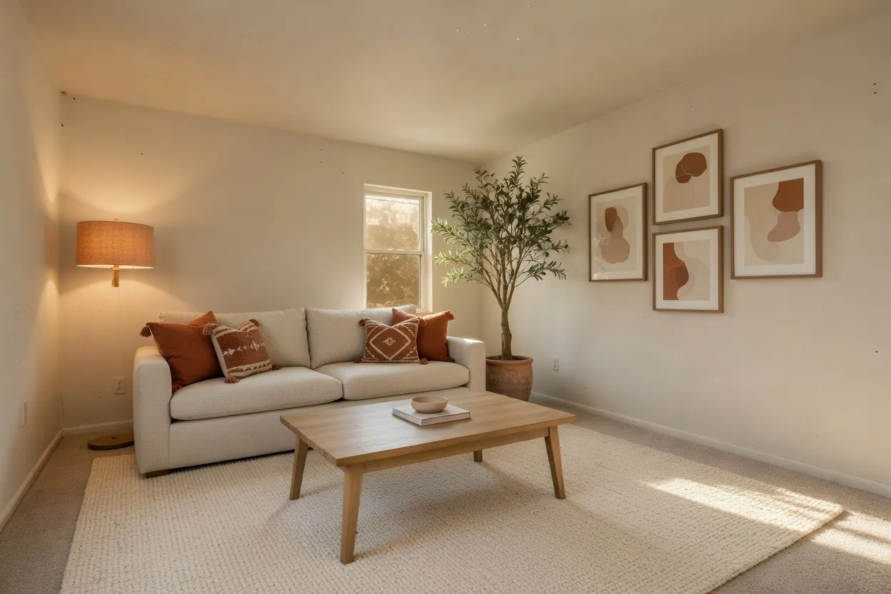 The same living room redesigned by DecorAI with a beige sofa, terracotta cushions, oak coffee table and warm lighting
