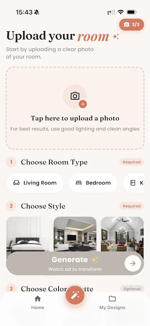 DecorAI app screen for uploading a room photo and choosing a room type and style