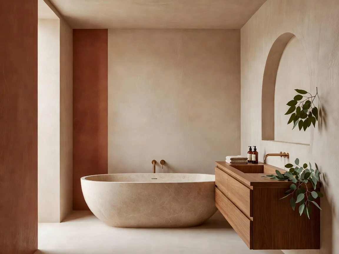 AI-designed spa-like bathroom with microcement walls and a stone bathtub by DecorAI