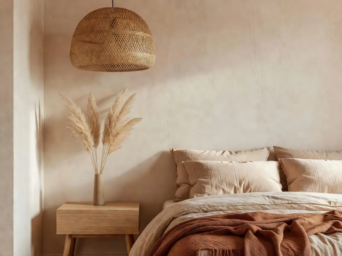 AI-designed cosy bedroom with neutral bedding and a terracotta throw by DecorAI