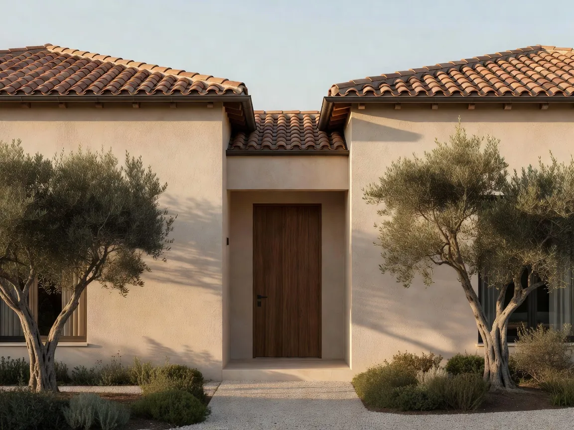 AI-designed Mediterranean house exterior with beige stucco and a terracotta roof by DecorAI