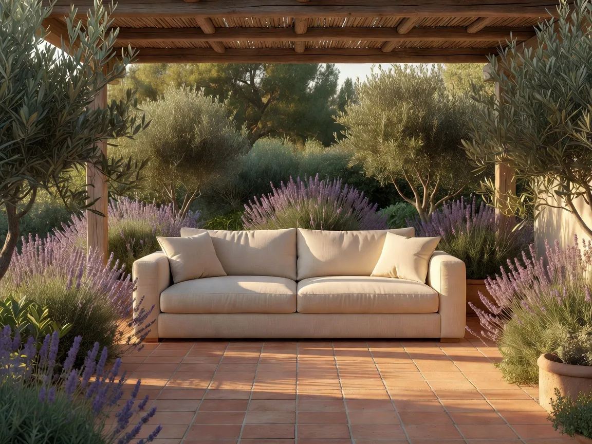 AI-designed garden patio with terracotta paving and olive plants by DecorAI