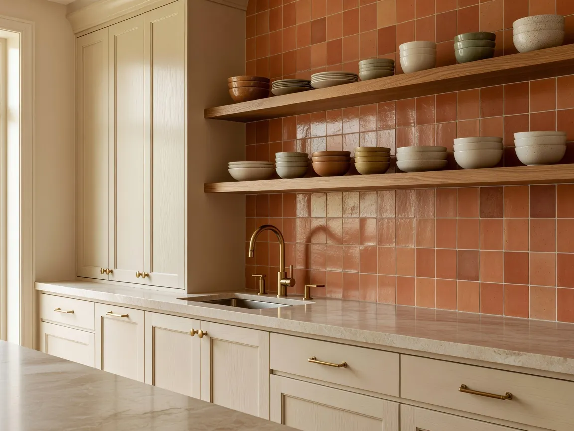 Warm modern kitchen with cream cabinets and a terracotta tile backsplash designed with DecorAI