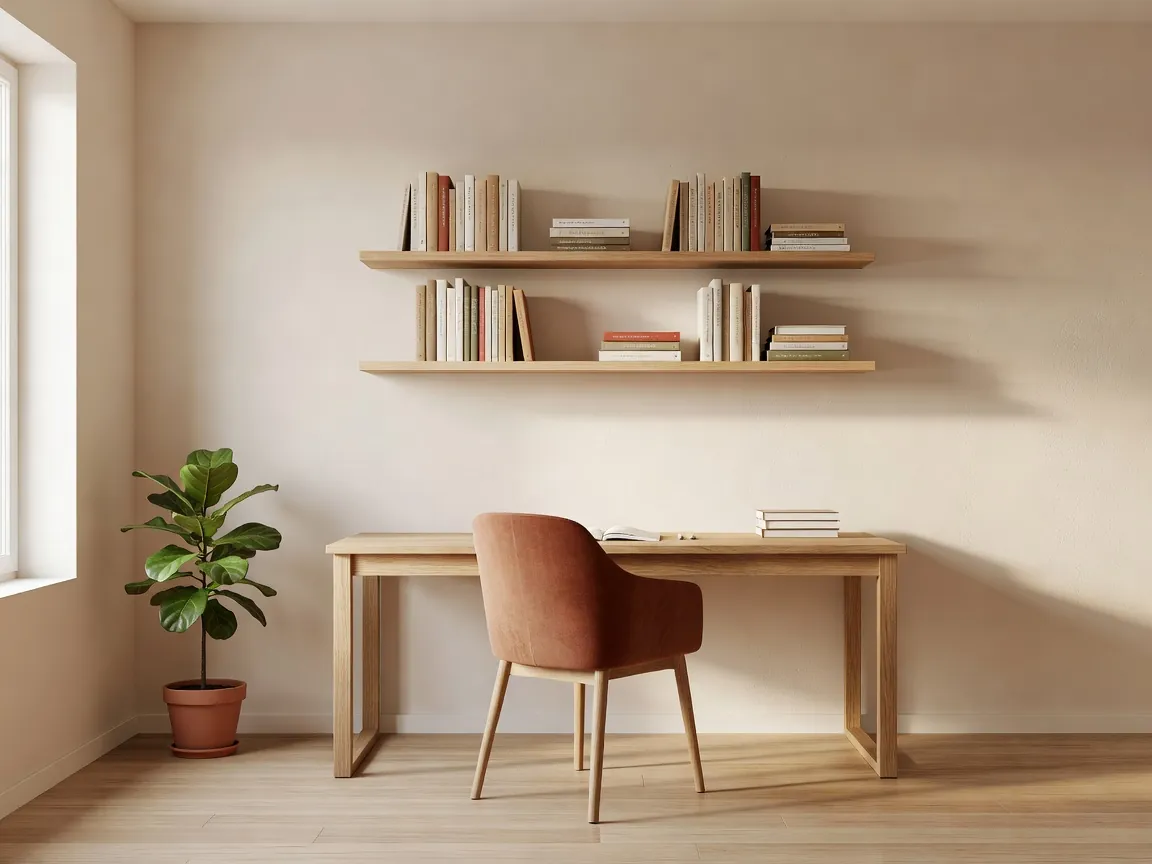 AI-designed warm home office with an oak desk and terracotta chair by DecorAI